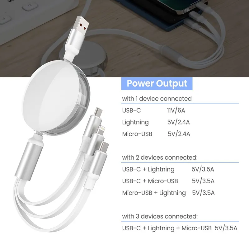 iQuick USB to Lightning+Type-C+MicroUSB Retractable Charging Data Cable - Image 3